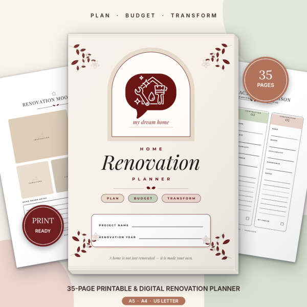 Home Renovation Planner Printable & Editable Canva Template